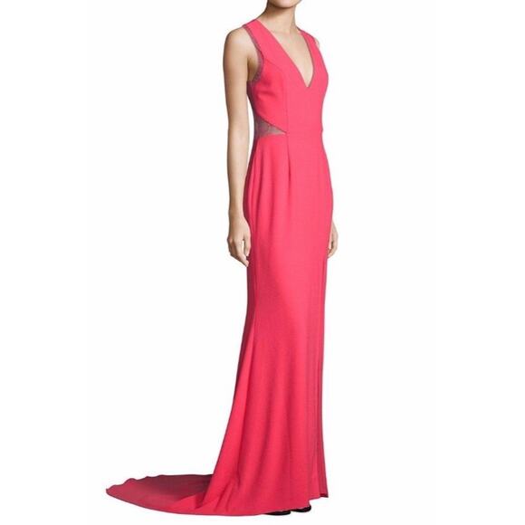 AIDAN MATTOX Pink Tangerine Crepe Lace Illusion Gown Dress NWT Size 8 - Picture 2 of 9